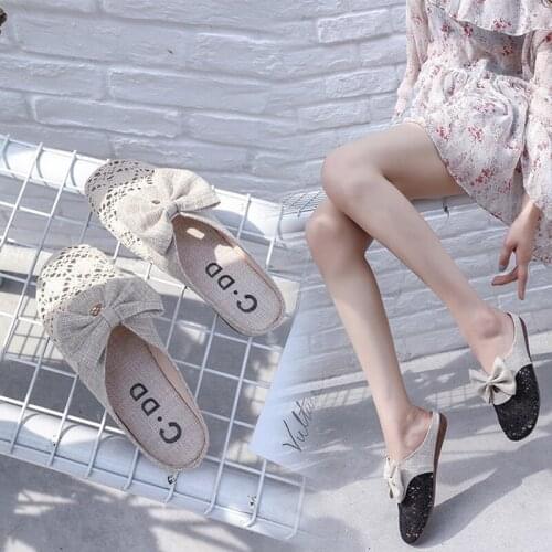 2021 Summer New Mesh Bow Half Slippers Womens Flat-Bottom Fashion Sandals Breathable Beach Slipper Round Head Cloth Slippers