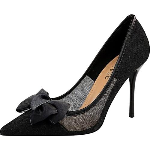 Womens High Heels European American Sexy Hollow Mesh High Heels Shoes for Women Pointed Stiletto Bow Wedding Shoes Bride