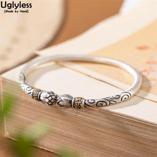 Uglyless Handmade Lotus Buds Bangles for Women Engraved Vines Ethnic Vintage Jewelry Solid 999 Silver Mantra Bangles Thai Silver