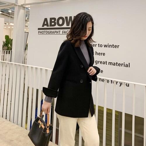 Black Women Clothes Korean Double Breasted Female Wool Jacket Overcoat Blazer Woolen Coat Abrigo Mujer XR1923 KJ4060