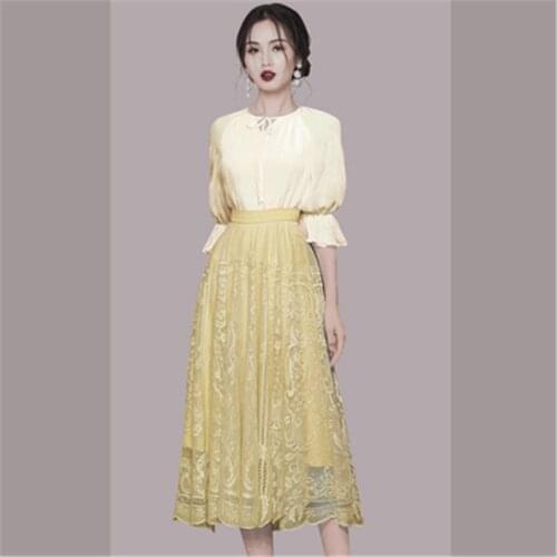 Summer New 2 Pieces Set Women Lantern Sleeve O-Neck Blouses Shirts+ High Waist Slim Lace Embroidery Skirts Office Female Suit