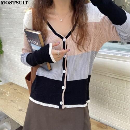 Color-blocked Knitted Cardigan Tops Women Full Sleeve V-neck Slim Chic Sweaters Elegant Vintage Fashion Ladies Knitwear 2021