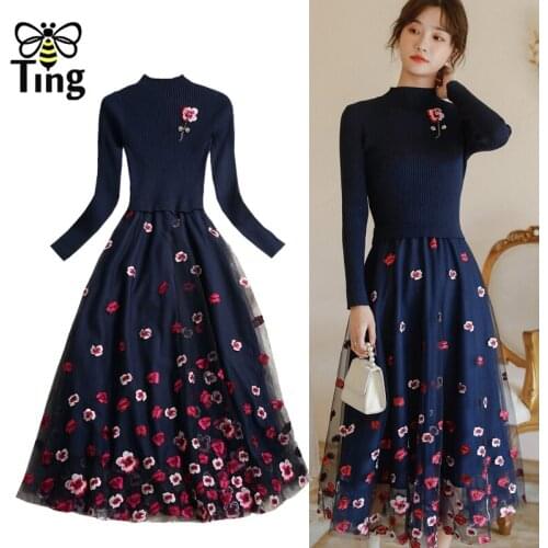 Tingfly Elegant Women Knitting Flower Embroidery Casual Fashion Dresses A Line Midi Long Dress Streetwear Plus Size Clothes New