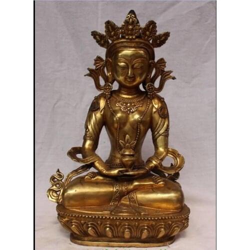18" Marked Chinese Tibetan Buddhism Bronze Gilt Amitayus Buddha Long Life statue