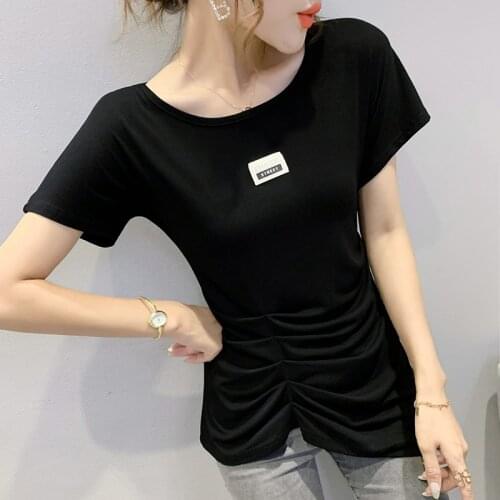 #6045 Black White Streetwear T Shirt Women Cotton Casual Slim Irregular T Shirt Female O Neck Korean Style Summer Womens Tops