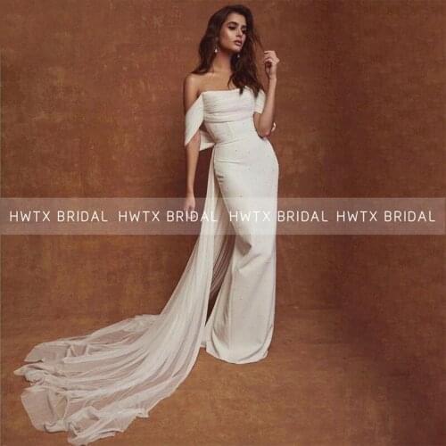 White Mermaid Evening Dresses With Sweep Train Off the Shoulder Beads Satin Elegant Long Prom Dress robe de soirée de mariage