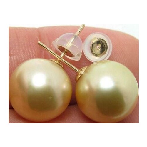 Free shippingnoble jewelry yellow gold charming pair of 1011mm round south sea gold pearl earring