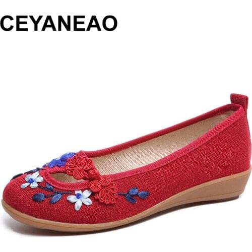 CEYANEAO 2018 Flowers Appliques Women Linen Slip on Ballet Flats Breathable Fabric Ladies Casual Chinese Shoes ballerinaE845