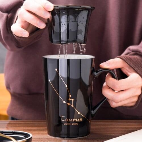 12oz Creative Gold Printing Twelve Constellations Black Coffee Mug Tea Cup With Tea Leak with Lid and Spoon as Gift