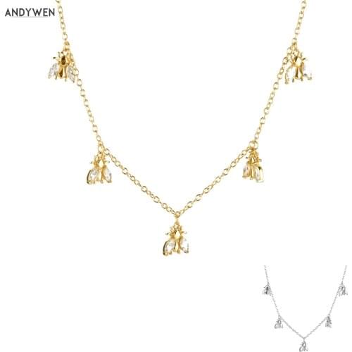 ANDYWEN 925 Sterling Silver Long Chain Choker Necklace Bees Charms Fashion Crystal Zircon Jewelry Party 2020 Fashion Fine Jewels