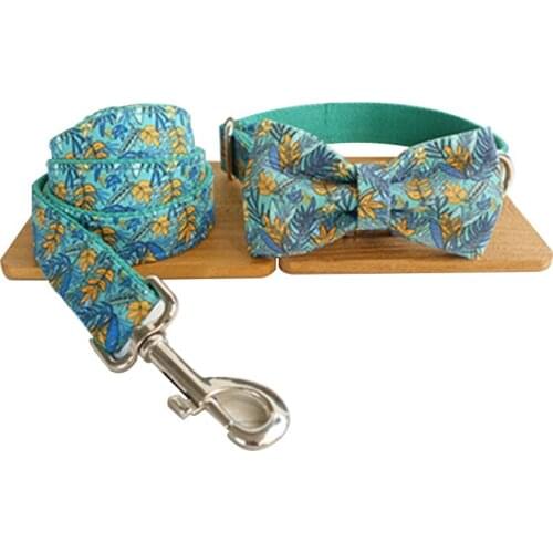 Engraved Pet Name Special Green Leaf Fresh Style Colorful Handmade Buckle Bow Tie Soft Dog Collars Leash Rope Set Pet Leads