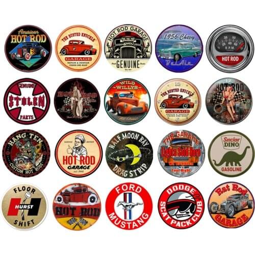 Hot Rod Garage Decor Metal Tin Sign Retro Classic Car Round Plate Indoor Club Wall Hanging Craft 30x30cm Art Plaques Decoration