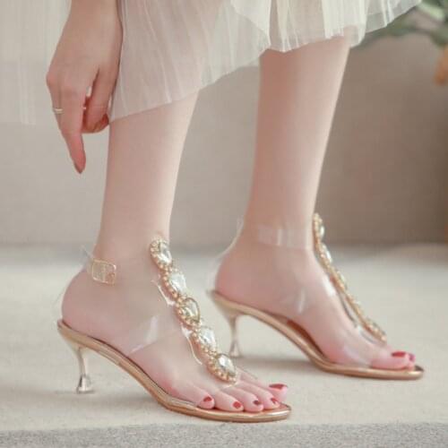 Exquisite transparent crystal stiletto buckle ladies sandals summer elegant open-toe sexy high-heel wedding shoes