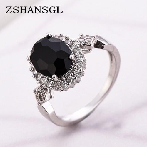 Genuine Silver Color Stackable Ring Round Black CZ Crystal Finger Rings for Women Wedding Anniversary Jewelry Anel