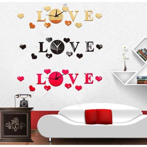 Creative 3D Mirror Stickers Wall Clock LOVE Decals Living Room Decoration Fashion Quartz Watch DIY Home Clocks Stickers