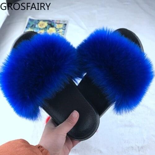 Summer Ladies Solid Color Faux Fox Plush Slippers Women Plush Faux Fur Outdoor Slippers Furry Slippers Women Sandals