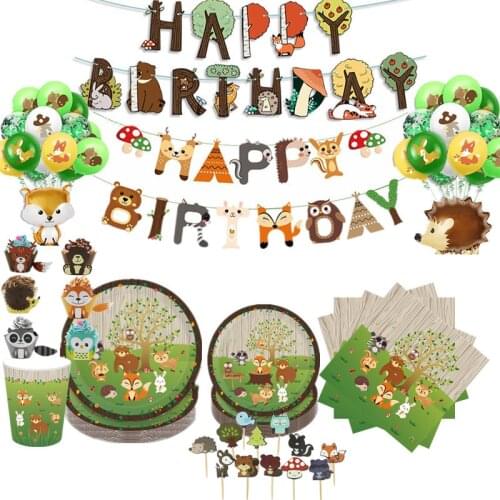 OENY Animals Woodland Party Birthday Party Decoration Kids Forest Tableware Set Safari Jungle Party Supplies Baby Shower
