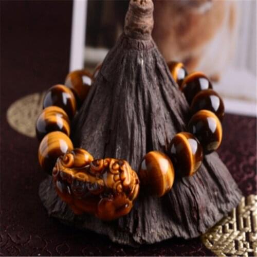 Genuine Natural Yellow Tigers Eye Gems Stone Pi Xiu Pendant Round Beads Women Bracelet 18mm