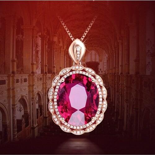 ROSE GOLD BIG OVAL RED CRYSTAL RUBY GEMSTONES DIAMONDS PENDANT NECKLACES FOR WOMEN VINTAGE JEWELRY CHOKER CHAIN BIJOUX GIFTS