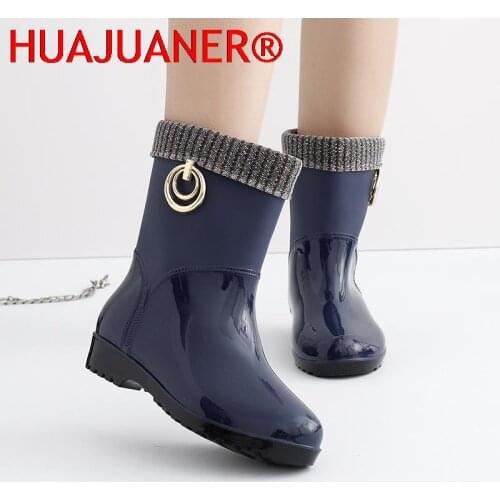 Rubber Rain Boots for Women Waterproof High Heel Fashion Girls Shoes Ladies Short Ankle PVC Rainboots Non-slip Fur Leather Boots
