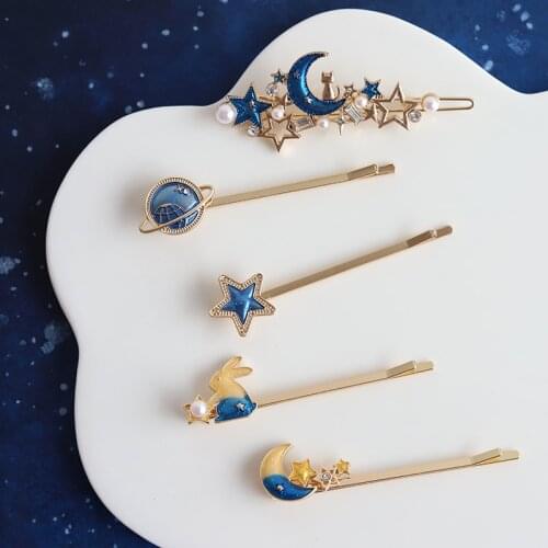 Romantic Starry Sky Style Hairpins For Women Fashion Jewelry Hair Accessories Blue Star Moon Headwear Sweet Elegant Cute Gift