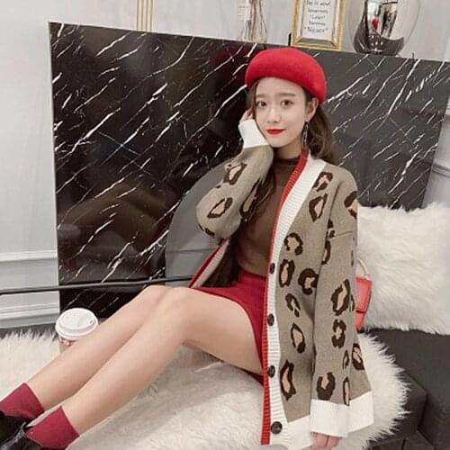 2019 Spring Explosion Models Fashion Large Size Knit Cardigan Womens Leopard Long-sleeved V-neck Slim Sweater