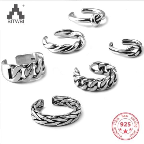 100% S925 Sterling Silver Vintage Old Thai Silver Twist Wide-faced Chain Carved Open Ring
