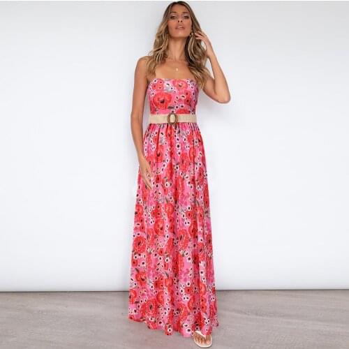 Wsevypo Boho Summer Flowers Print Strapless Maxi Beach Dress Women Suspender Pleated A-Line Sundress with Waistband S-2XL