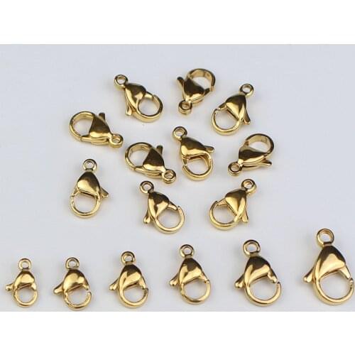 25pcs/lot 9x6/10x6/12x7/13x8/15x9mm Gold Color Stainless Steel Lobster Clasps for DIY Necklace Bracelet Jewelry Making Supplies