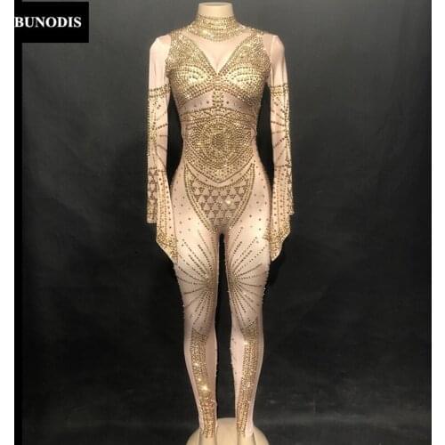 ZD257 Women Sexy Skin Color Jumpsuit Full Of Gold Sparkling Crystals Bodysuit Nightclub Party Birthday Celebrate Customes