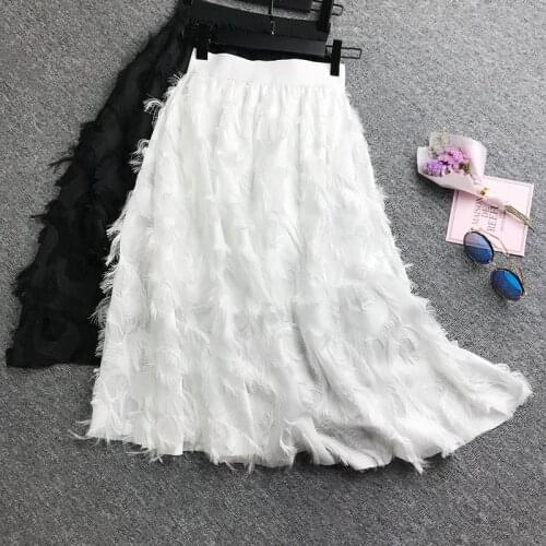 Feather Fringed White Long Skirt Womens 2021 Summer New High Waist Temperament Is Thin A-line Big Feet Wide Skirt