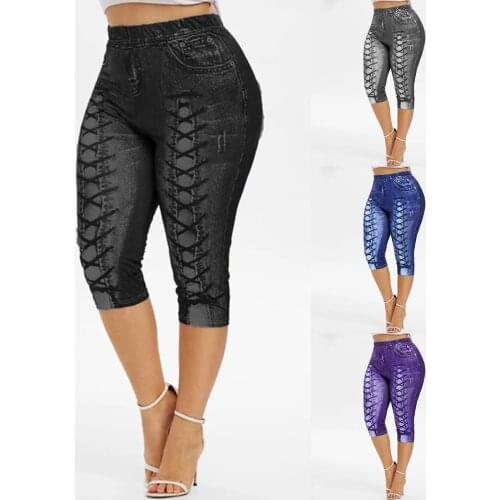 Women Yoga Short Leggings Faux Denim Ladies Short Pants Floral Printed High Waist Female Shorts Plus Size