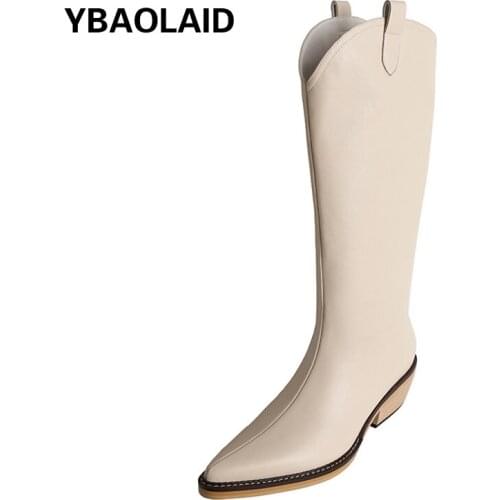 Cowhide Pointed Toe But Knee-length Thick Heel Female Knight Boots New Solid Color V-mouth Mid-heel Western Cowboy Boots