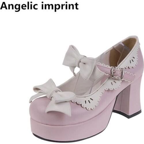 Angelic imprint handmade woman mori girl lolita cosplay shoes lady high heels pumps women princess dress shoes Bowties lacework
