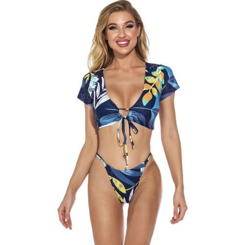 Tankini Shoirt Sleeve Bikini Front Tie Swimwear Women High Waist Beachwear Push Up Swimsuit Foral Printed Seaside Biquini