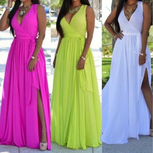 Boho Halter Neck Sexy Women Solid Color Long Dress High Slit Evening Party Dresses Vest Deep V-Neck Holiday Sundress Sling Gown