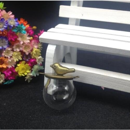 50sets/lot 20*15mm (opening) glass globe with base with bird set glass bottle diy glass dome cover jars vials pendants necklace