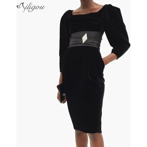 Ailigou 2021 New Fashion Chic Black Velvet Belt Mini Dress Pocket Design Elegant Diamond Brooch Celebrity Party Vestido