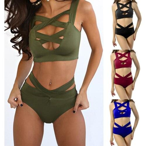 Bikini New Bandage Cross Bikini High Waist Solid Color Sexy Split Swimsuit swimwear women zaful biquini mayo romwe beach dress