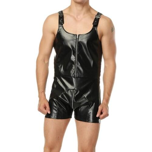 Men Faux Leather Bodysuit One Piece Wrestling Singlet PU Catsuit Front zipper Crotch Zipper Sleeveless Bodysuits Fetish Costume