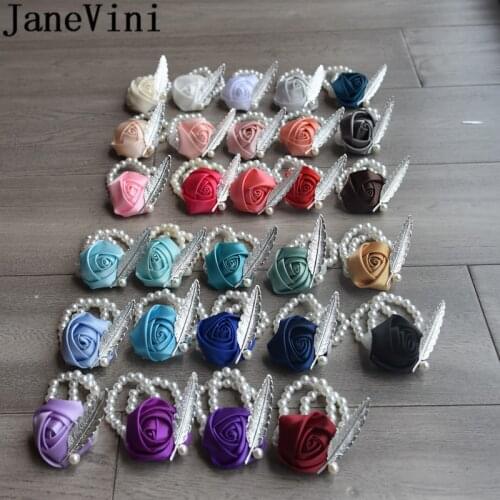 JaneVini Wrist Flower Rose Satin Pearls Bride Hand Decorative Wristband Bracelet Feature Bridesmaid Band Wedding Wrist Corsage