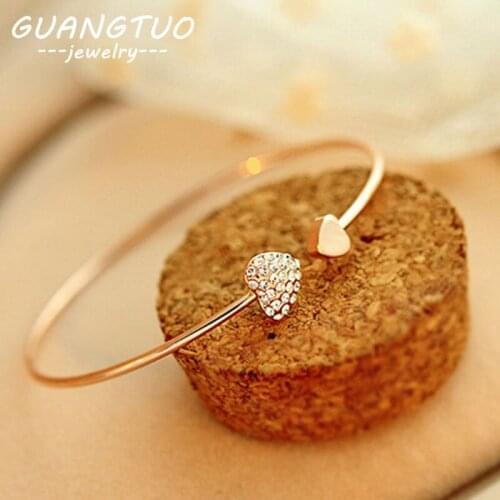 New Korean Fashion Crystal Heart Shaped Double Love Couples Bracelet Opening Adjustable Gold Color Bracelets & Bangles LB043