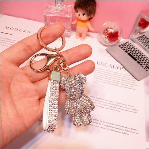 Fancy&Fantasy High Quality Strass Rhinestone Bear Animal Keychain Leather Strap Car Key Chain Bag Pendant Llaveros Para Mujer