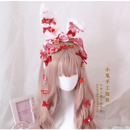 Maid Headwear Cosplay Handmade Pink Blue Sweet Lolita Rabbit Ear Headband KC Cute Bow Strawberry Candy Hair Band Hair Accessory