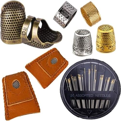 LMDZ 8 Pcs Sewing Thimble + 30 Pcs Sewing Needles, Finger Protector Fingertip Thimble Adjustable Metal Bronze Sewing Thimble