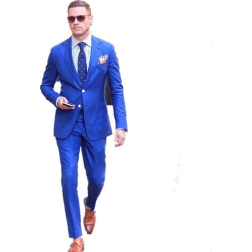Mens Wedding Suits Two Buttons Groom Tuxedos Royal Blue Slim Fit Mens Wedding Suits Groom Tuxedos Best Man Prom Party Suits