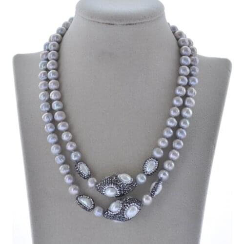 MCT·STAR Z10421 36" 30mm Gray Round Pearl Shuttle Bead CZ Necklace