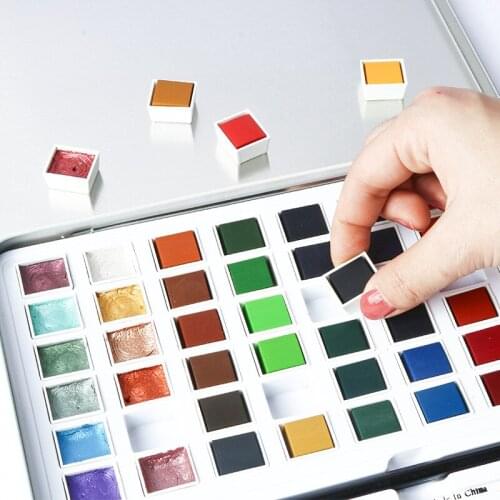 Professional 36/48 Colors Pigment Solid Watercolor Paints Set with 12 colors Pearlescent Glitter Watercolor Pigment Art Supplies