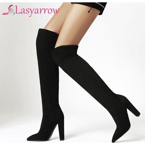 Lasyarrow New Women Boots Fashion Flower Print Over The Knee Boots Ladies Pointed Toe Thick Heel Autumn Winter Boots Woman