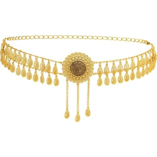 Thailand Gold Metal Belly Dance Waist Chains for Women Boho Carved Flower Rhinestone Long Tassel Dress Belt Chains Indian Egypt